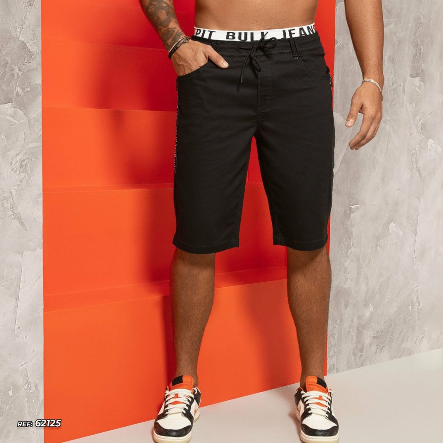 Men * | Pit Bull Jeans Identity 62125 Shorts Sporty Style Black