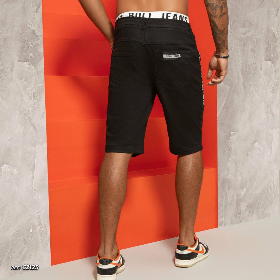 Men * | Pit Bull Jeans Identity 62125 Shorts Sporty Style Black