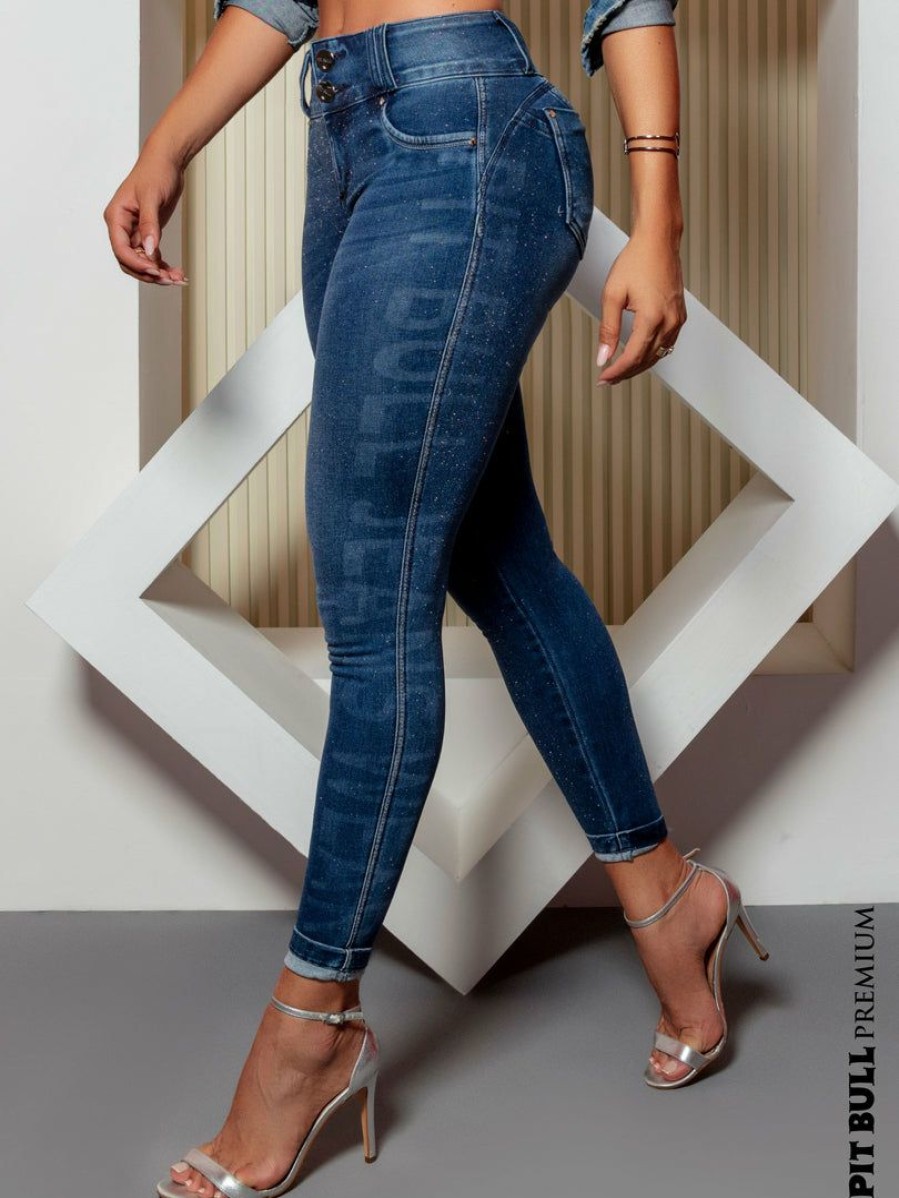 Women * | Pit Bull Jeans Identity 63587 Fitted Cropped Pants With A Butt Lifting Effect And Shine Medium Blue