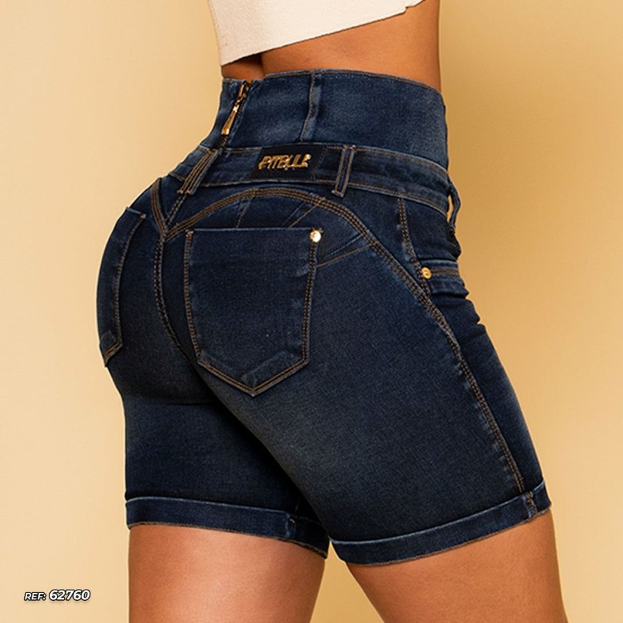 Women * | Pit Bull Jeans Mid Shorts Perfect Waist With Butt Lift Effect 62760 Movement Dark Blue