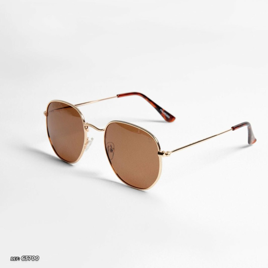 Accessories * | Pit Bull Jeans Round Sunglasses With Thin Frame 63700 Gold/Brown