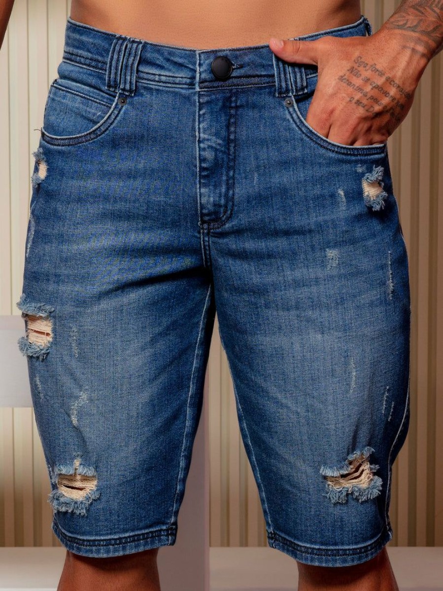 Men * | Pit Bull Jeans 62826 Classic Destroyed Denim Male Bermuda Medium Blue