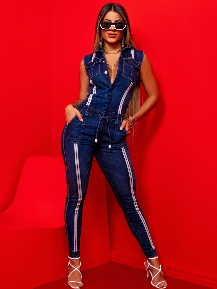 Women * | Pit Bull Jeans 61660 Stylish Denim Jumpsuit With Perfect Fit And Butt Lift Effect Medium Blue