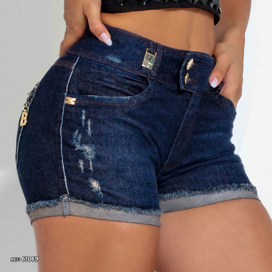 Women * | Pit Bull Jeans Movement Dark Denim Shorts Shaper With Lift Butt Effect And Frayed 61069