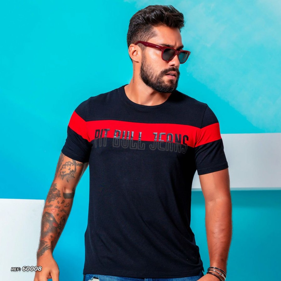 Men * | Pl Representacao Malha Men'S Shirt O-Neck With Shine And Logo 60008 Black With Red