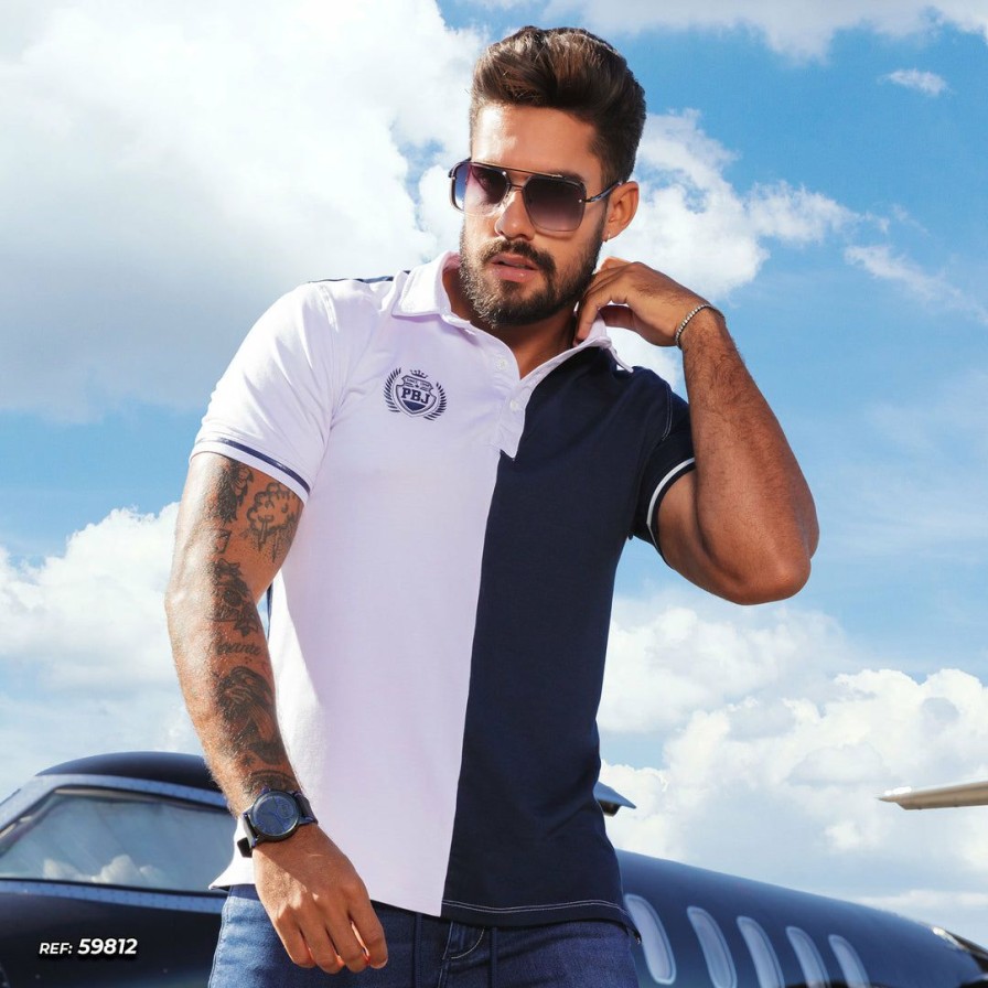 Men * | Pl Malha Two-Color Men'S Polo Shirt 59812 Conecte-Se White/Navy