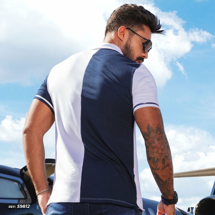 Men * | Pl Malha Two-Color Men'S Polo Shirt 59812 Conecte-Se White/Navy