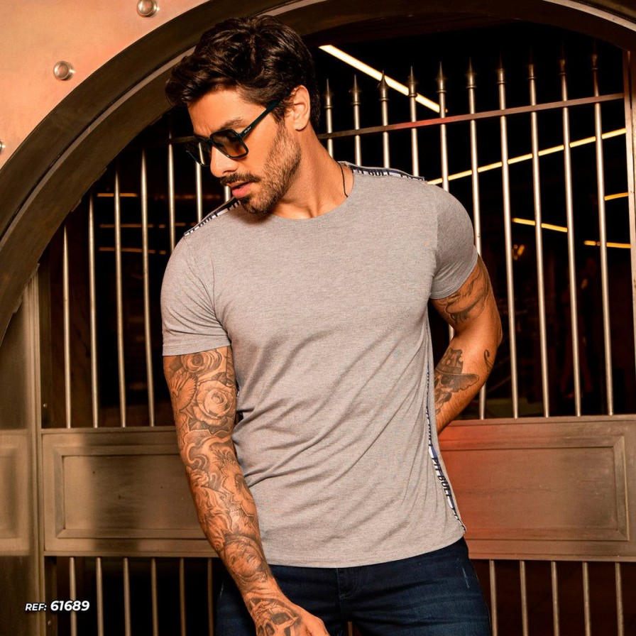 Men * | Pl Malha Movement Men'S T-Shirt Gray With Round Collar And An Unique Logomania 61689