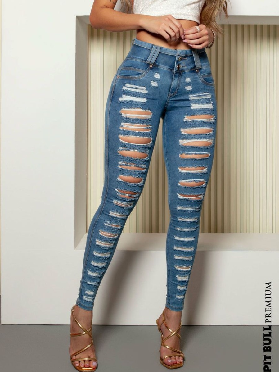 Women * | Pit Bull Jeans Movement Skinny Pants Super Modeling Razored With Full Style 64537 Medium Blue