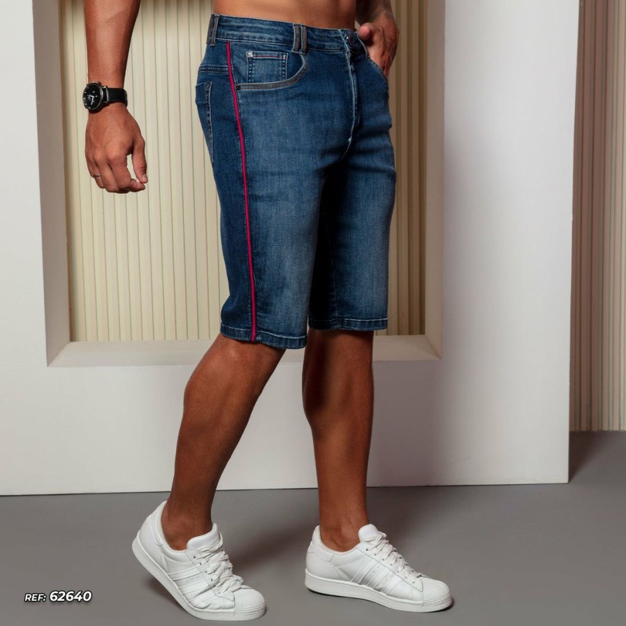 Men * | Pl Jeans News 62640 Men'S Jeans Shorts With Red Side Stripe Dark Blue