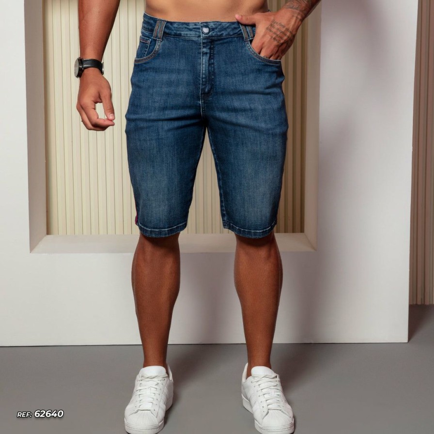 Men * | Pl Jeans News 62640 Men'S Jeans Shorts With Red Side Stripe Dark Blue